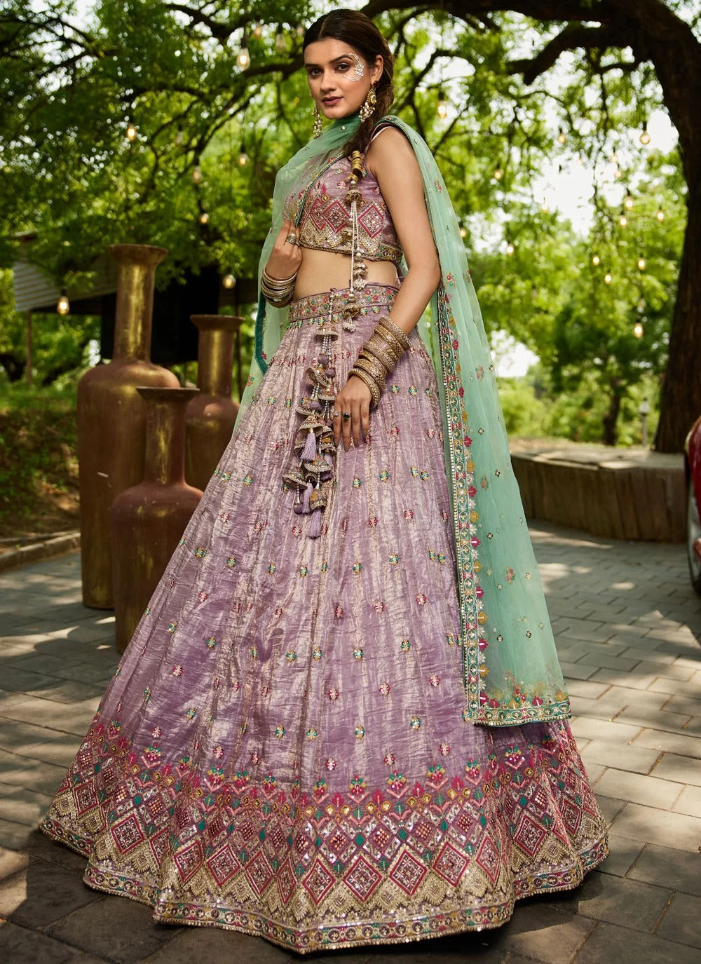 Lavender Embroidered Silk Lehenga Choli with Mirror Work and Mint Green Dupatta for Wedding