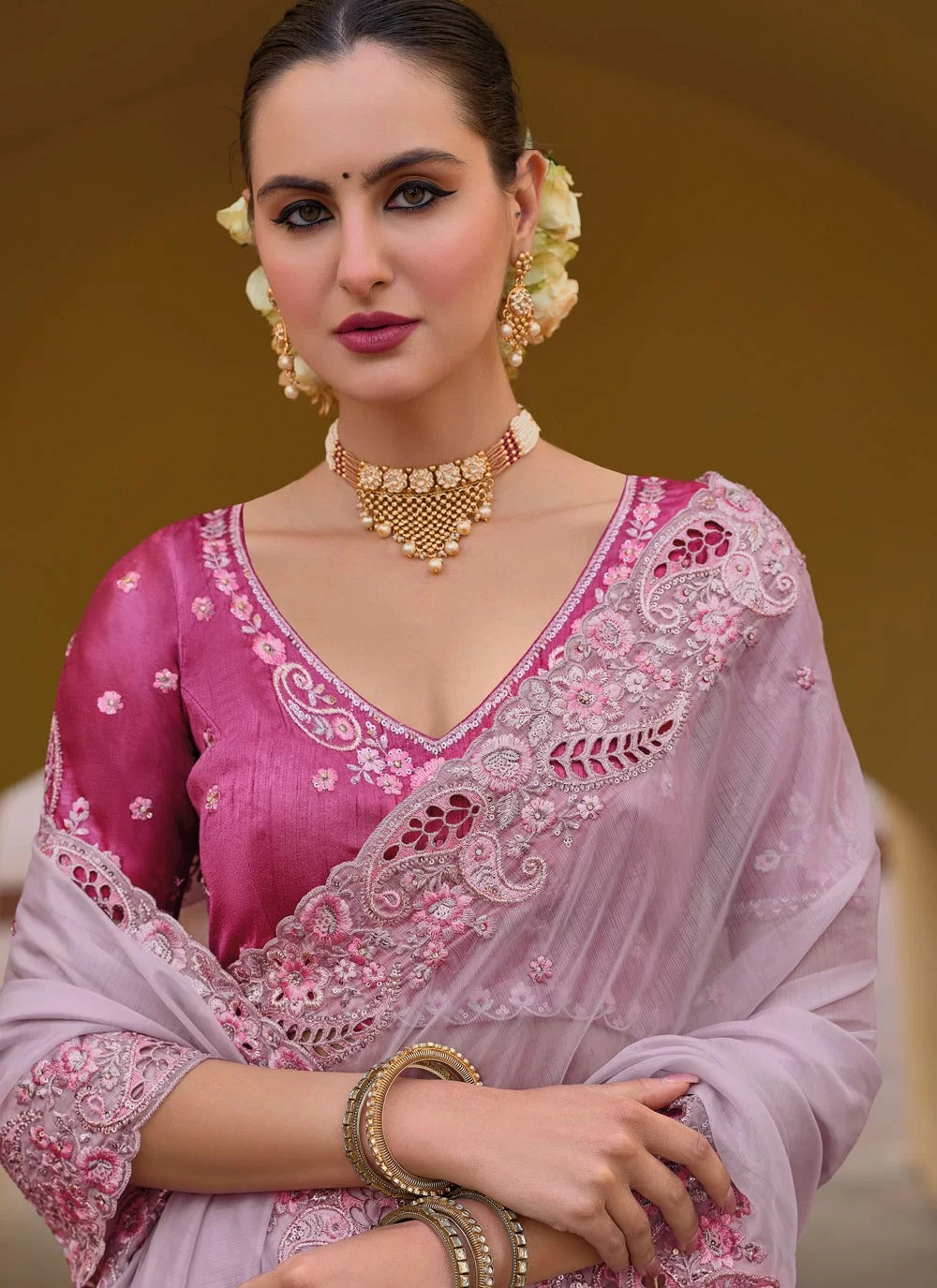 Lavender Organza Silk Saree with Sequin, Stone, and Embroidery Butti Work