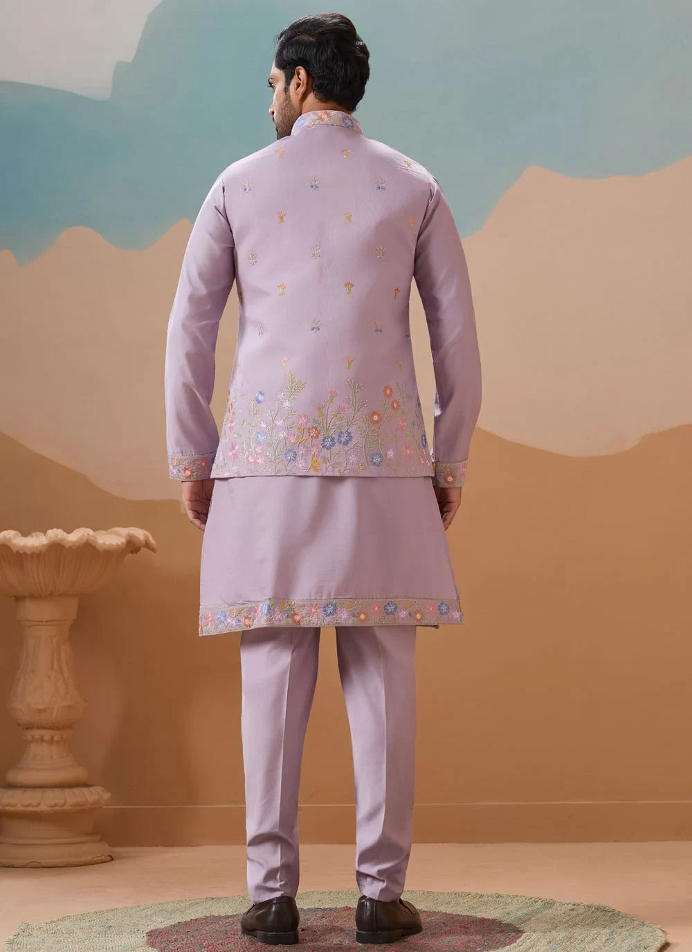 Lavender kurta koti set for men in viscose silk with embroidery