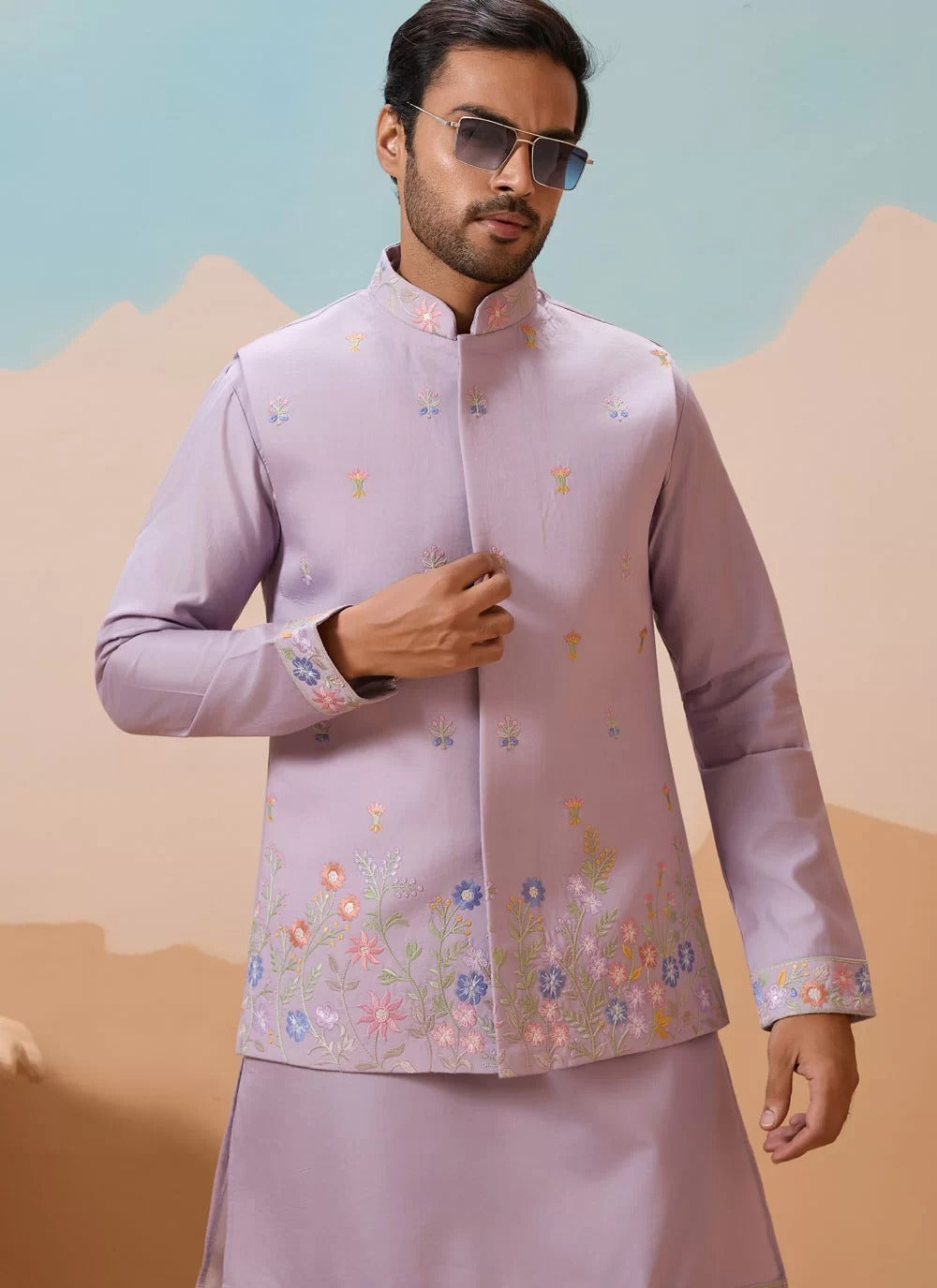 Lavender kurta koti set for men in viscose silk with embroidery