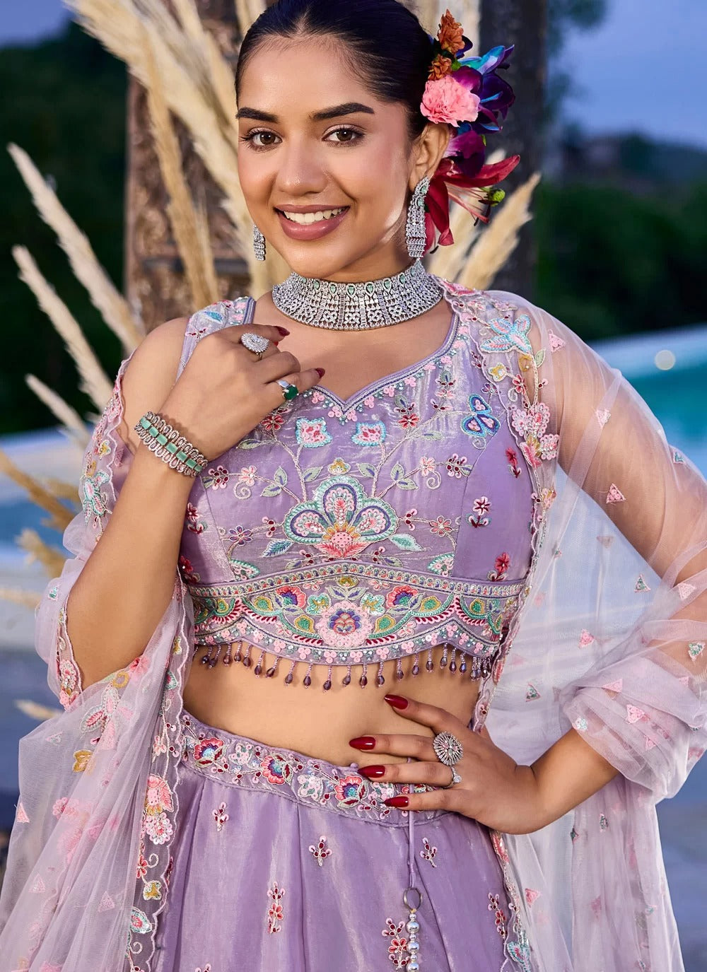 Lavender Satin Silk Lehenga with Cutwork Dupatta