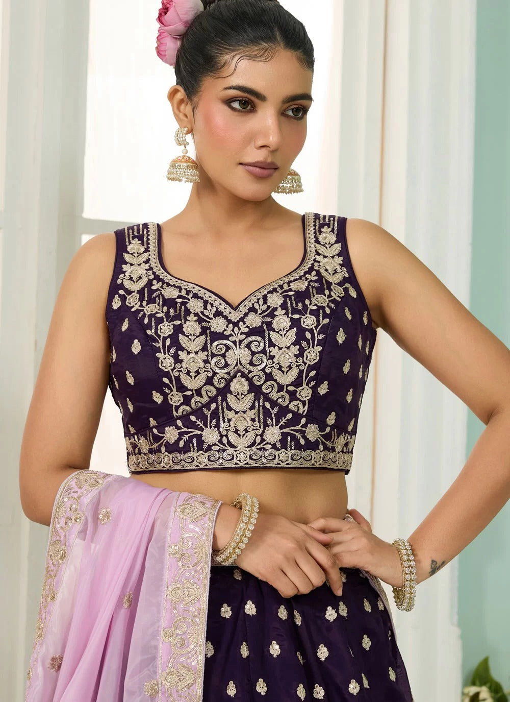 Purple Embroidered Wedding Lehenga Choli in Organza with Lavender Dupatta