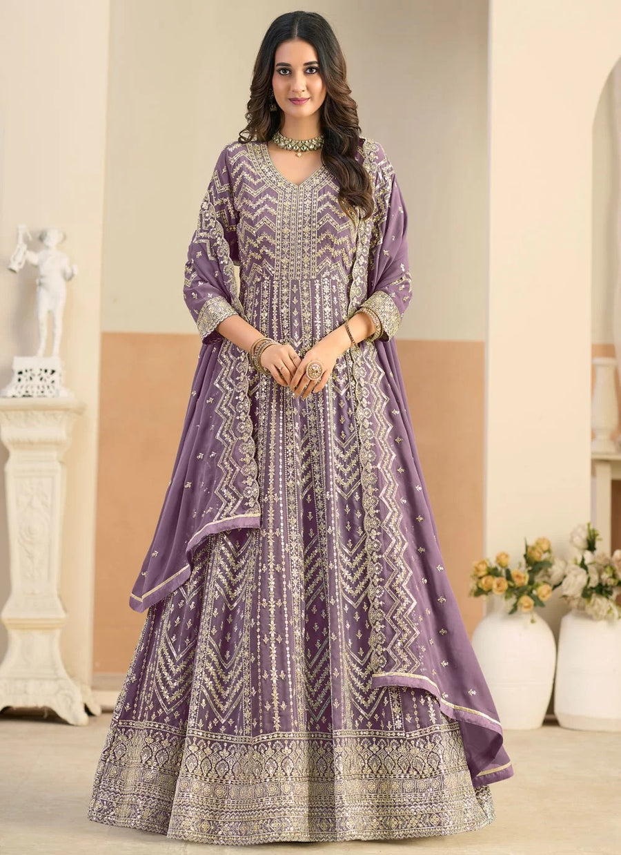 Lavender faux georgette Anarkali suit with front and back embroidery