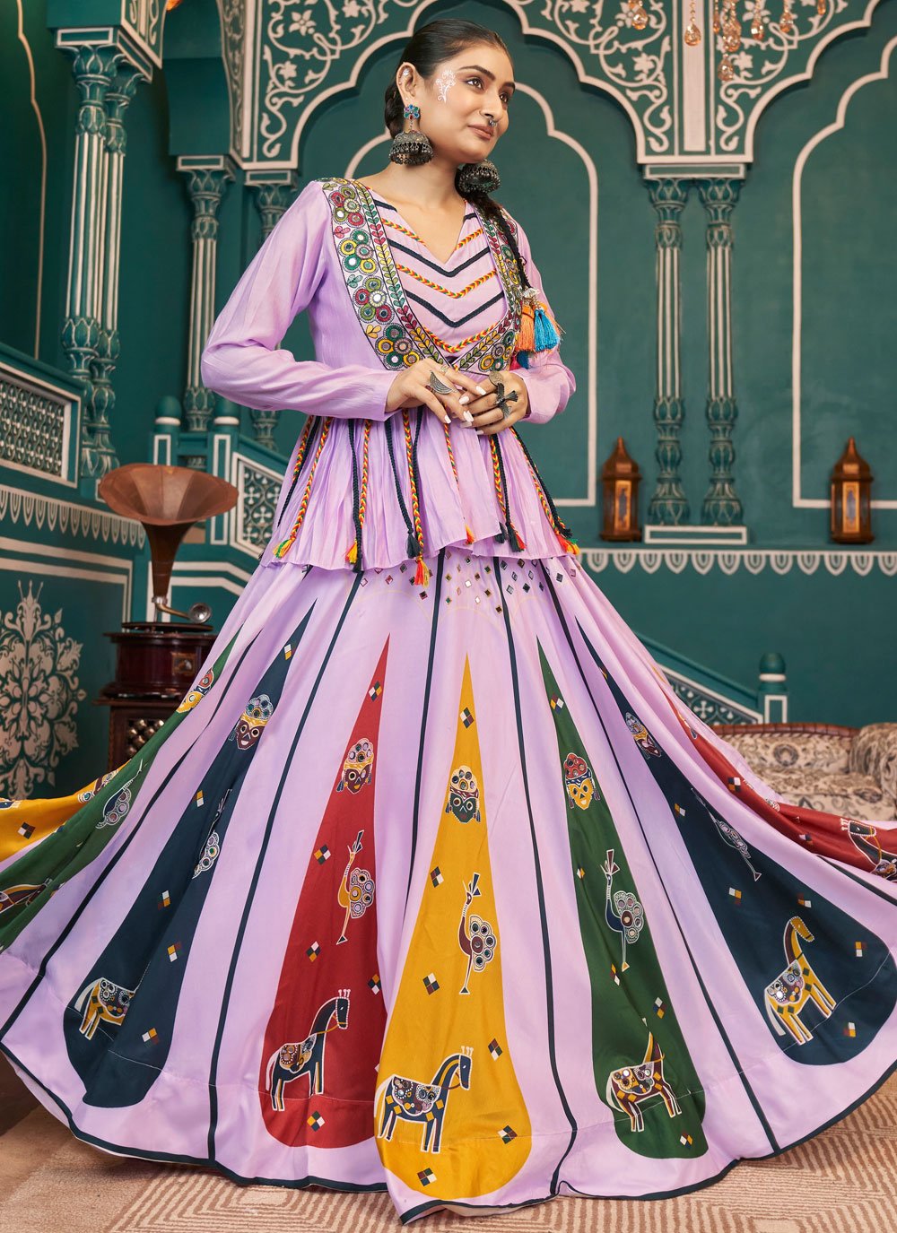 Lavender Poly Maska Silk Jacket Style Navratri Lehenga with Mirror Work