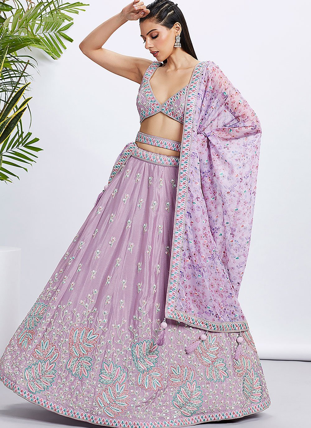 Lavender Pure chiffon Sequins And thread embroidered Engagemet Lehenga