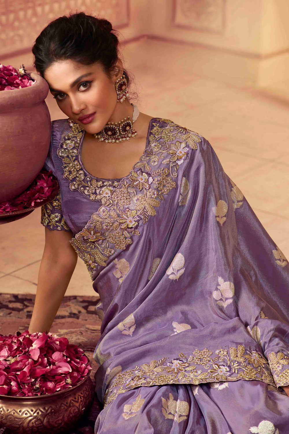 Lavender Viscose Silk Zari and Sequins Embroidered Wedding Wear Saree