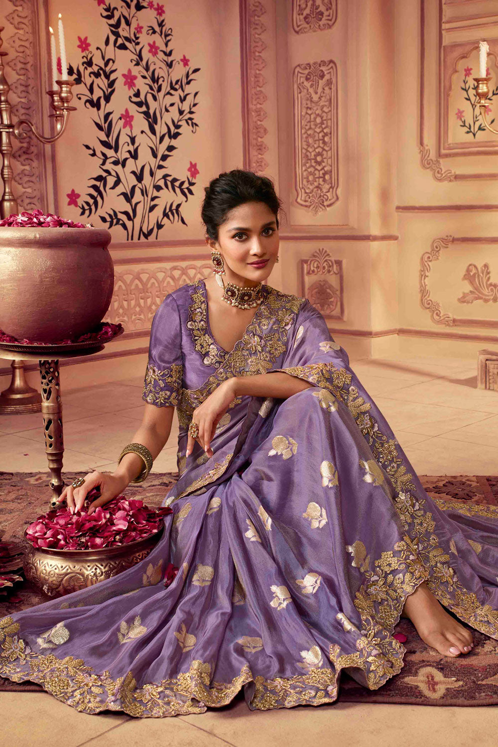 Lavender Viscose Silk Zari and Sequins Embroidered Wedding Wear Saree