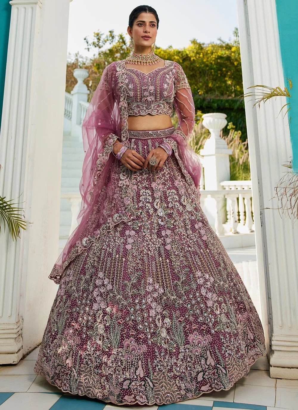 Burgundy net dupatta with sequin motif and border work