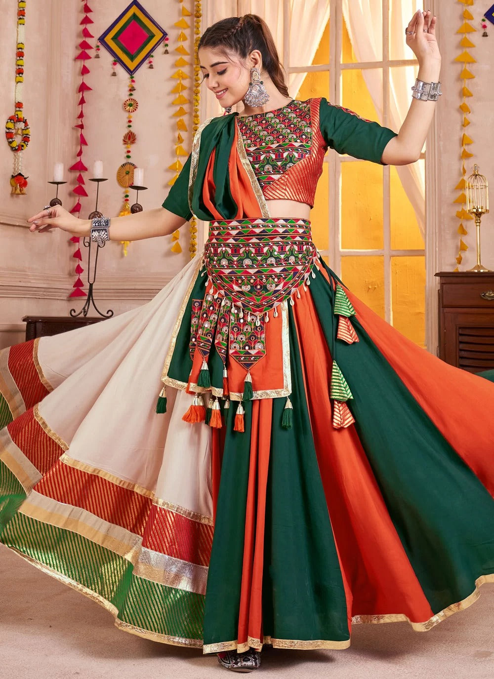 Multicolor lehenga with lampi border and 9 meter flair close-up