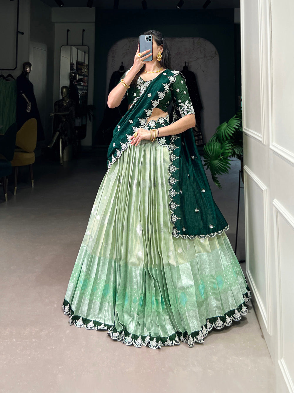 Pista Color Zari Weaving Work Sequins And Embroidery Border With Zari Kota Lehenga Choli