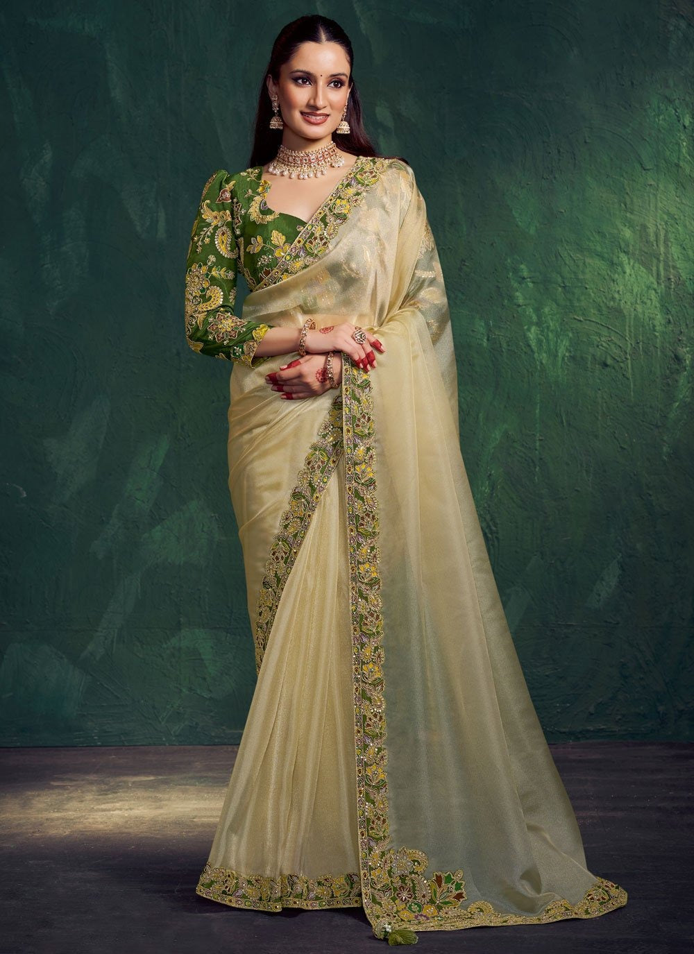 readymade designer saree with stitched blouse in lemon yellow shimmer tissue