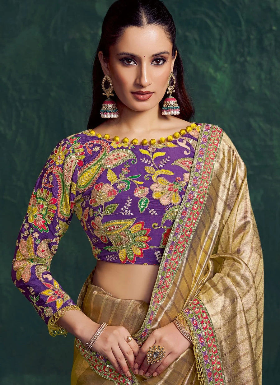 Opulent Light Golden Kanjivaram Bridal Saree in Zari Tissue Silk