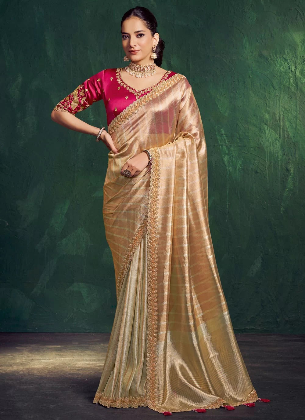 light golden kanjivaram zari tissue wedding saree with beads work