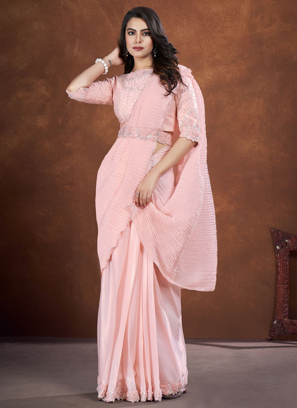 Light Peach Crepe Satin Silk Applique & Moti Embellishments Saree with Satin Silk Stitched Blouse