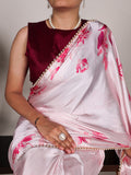 Light Pink Color Floral Print With Peral Lace Border Satin Silk Saree