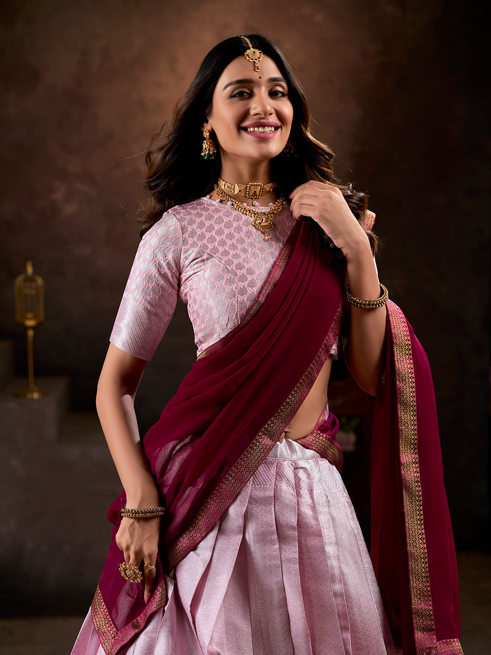 Light Pink Color South Indian Weaving Work Jacquard Silk Lehenga Choli