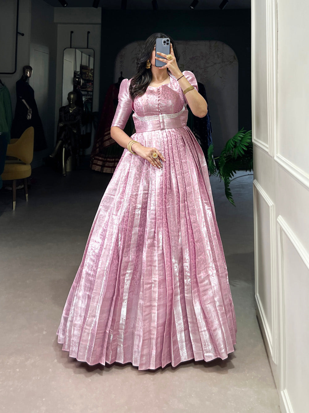 Light Pink Color Zari Weaving Work Kanjivaram gown