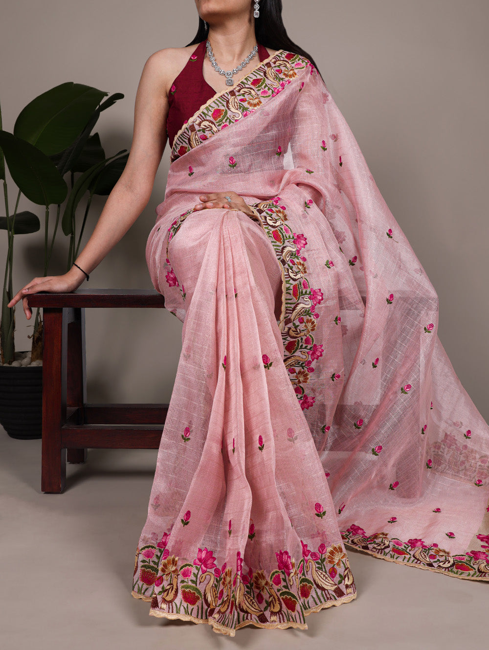 Light pink zari kota tissue saree