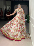 White Floral & Foil Printed Chiffon Lehenga Choli Set