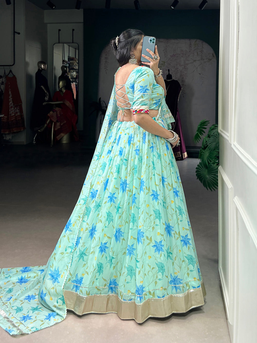 Pista Lehenga with Floral Dupatta
