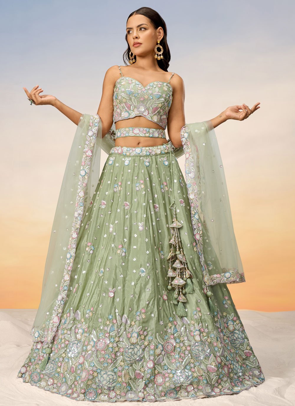 Lime Green Chiffon Stunning Lehenga Cholis for Cocktail Reception