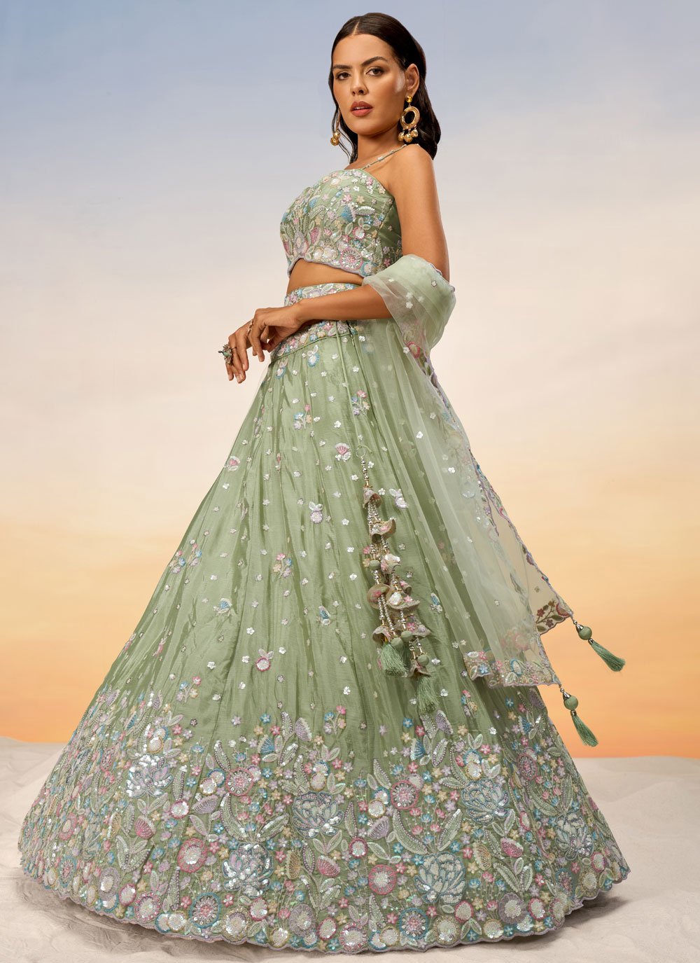 Lime Green Chiffon Stunning Lehenga Cholis for Cocktail Reception