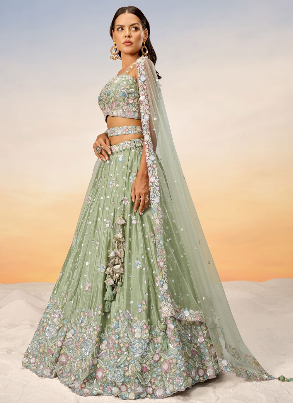 Lime Green Chiffon Stunning Lehenga Cholis for Cocktail Reception