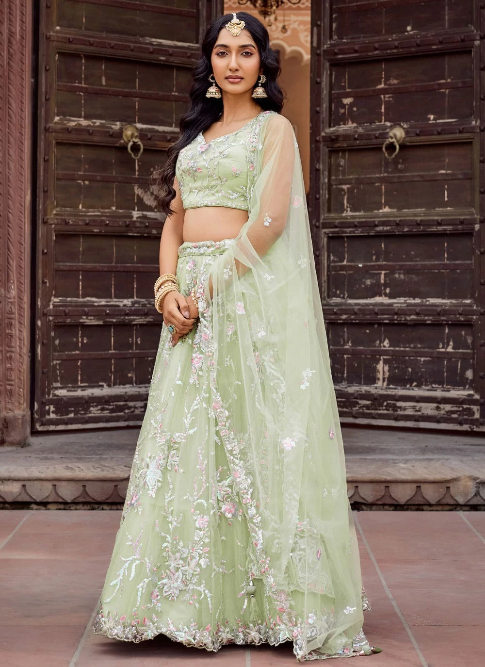 Net dupatta with cutwork border in lime green