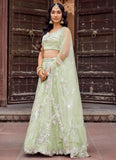 Net dupatta with cutwork border in lime green