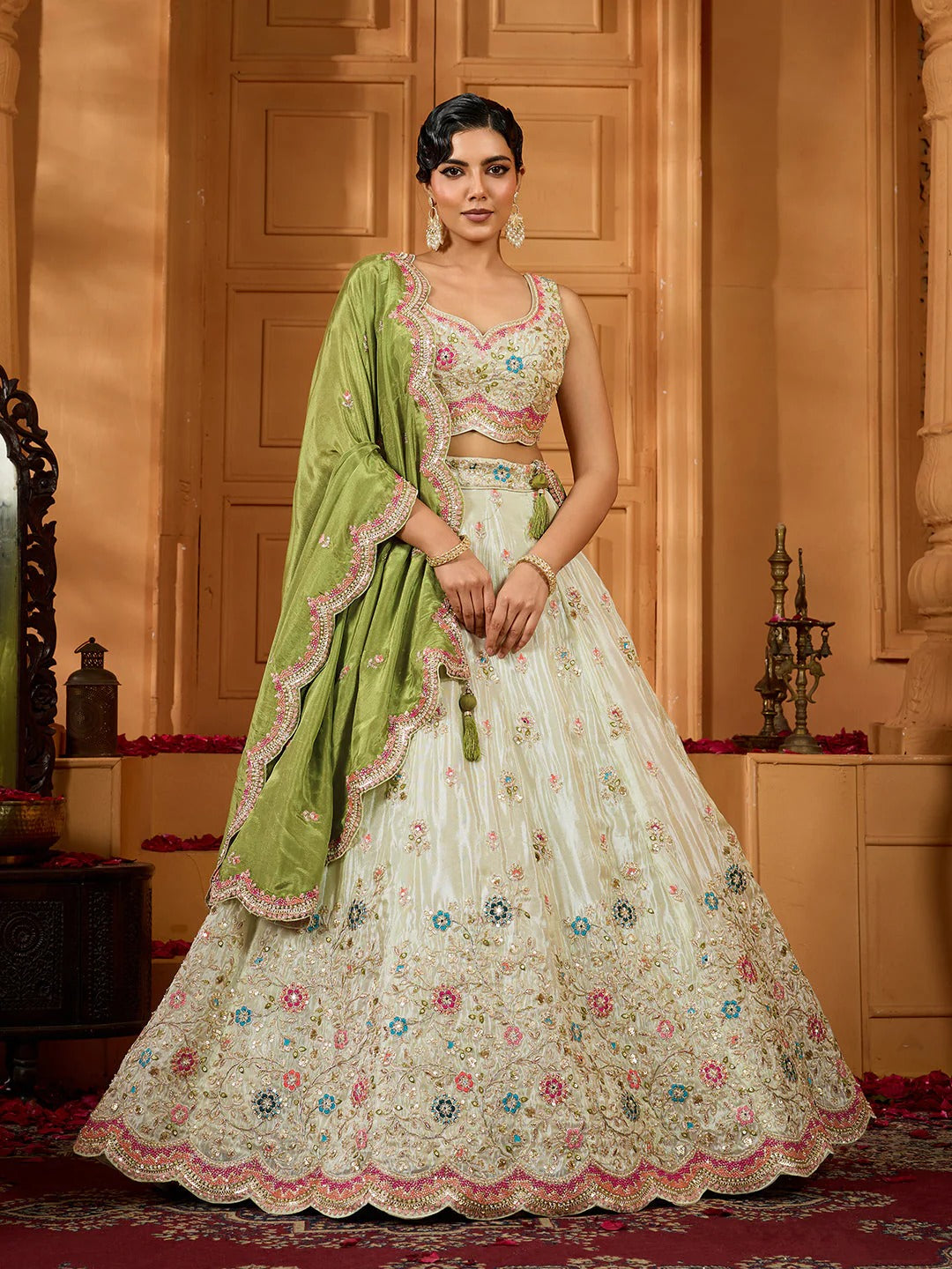Lime Green Tissue Lehenga for Women | Beads, Stone & Embroidery Work