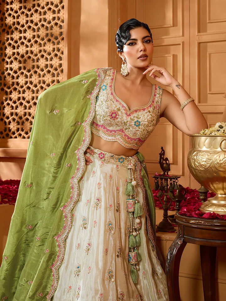 Lime Green Embroidered Lehenga Choli for Women