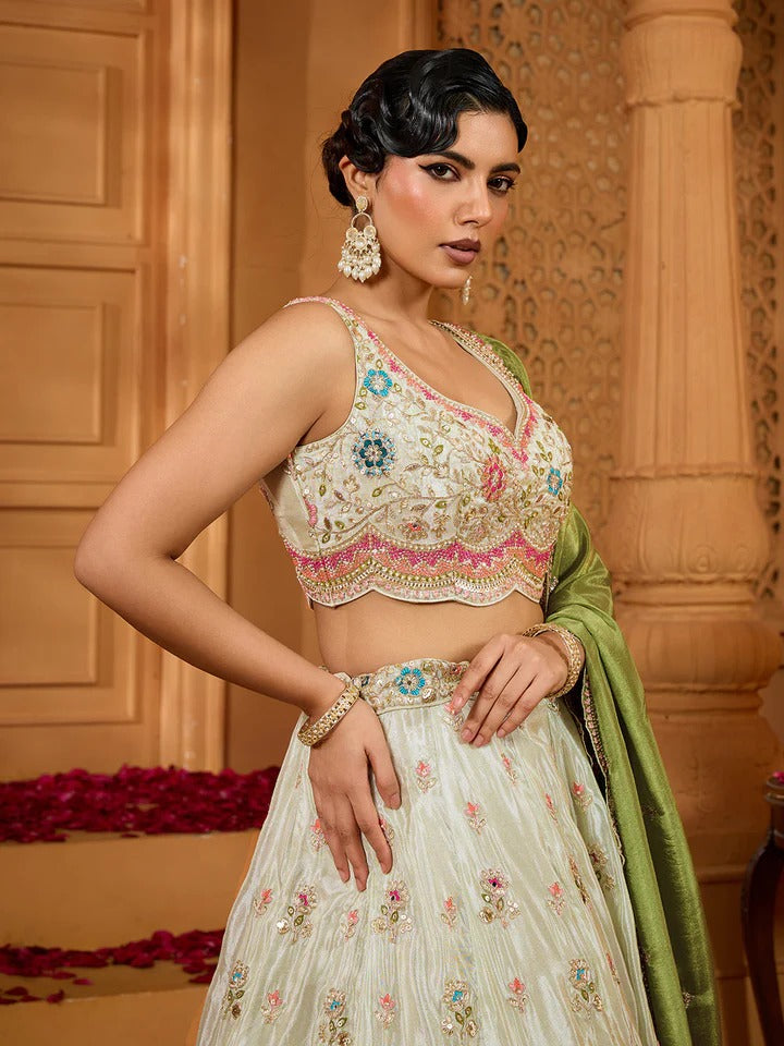 Designer Lime Green Lehenga with Tissue Dupatta