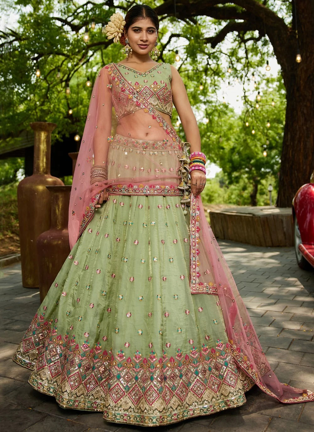 Elegant Lime Green Tissue Silk Embroidered Mirror Work Lehenga for Wedding & Engagement