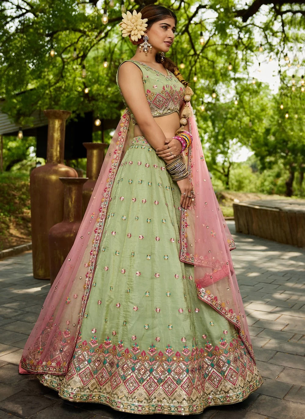 Lime Green Tissue Silk Mirror Work Embroidered Lehenga for Wedding