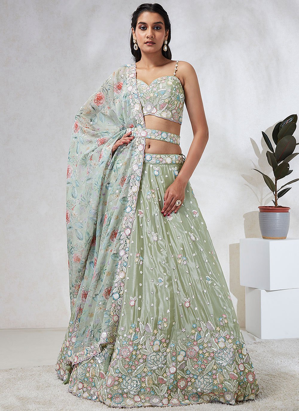 Lively Limegreen Silk Chiffon Sequins and Thread Embroidered Lehenga
