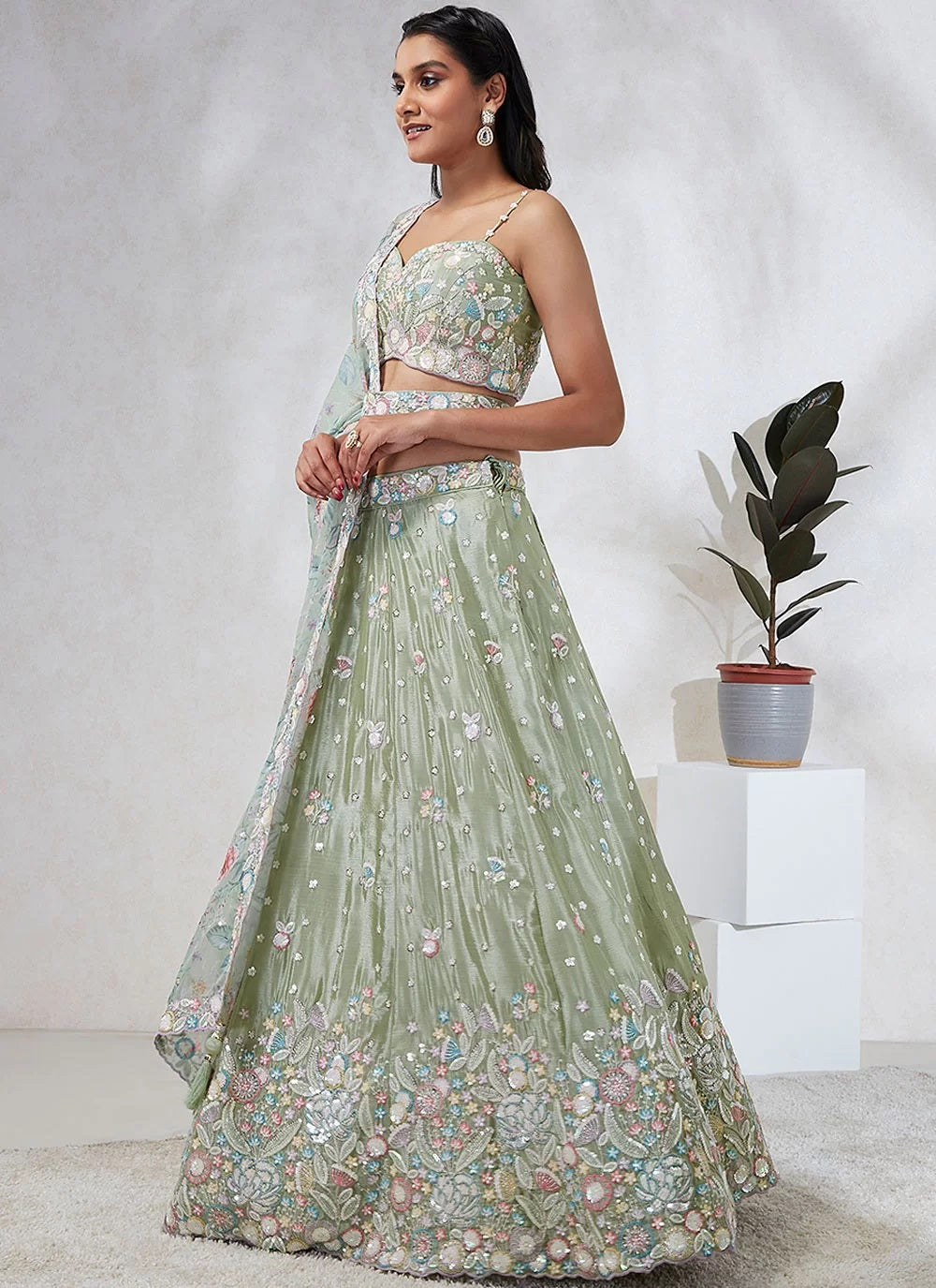 Lively Limegreen Silk Chiffon Sequins and Thread Embroidered Lehenga