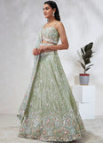 Lively Limegreen Silk Chiffon Sequins and Thread Embroidered Lehenga