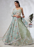 Lively Limegreen Silk Chiffon Sequins and Thread Embroidered Lehenga