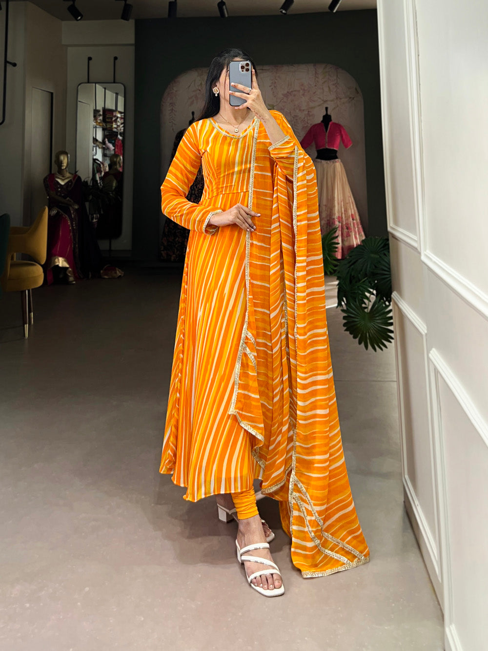 Yellow Color Leheriya Print With Lace Touch Up Georgette Gown