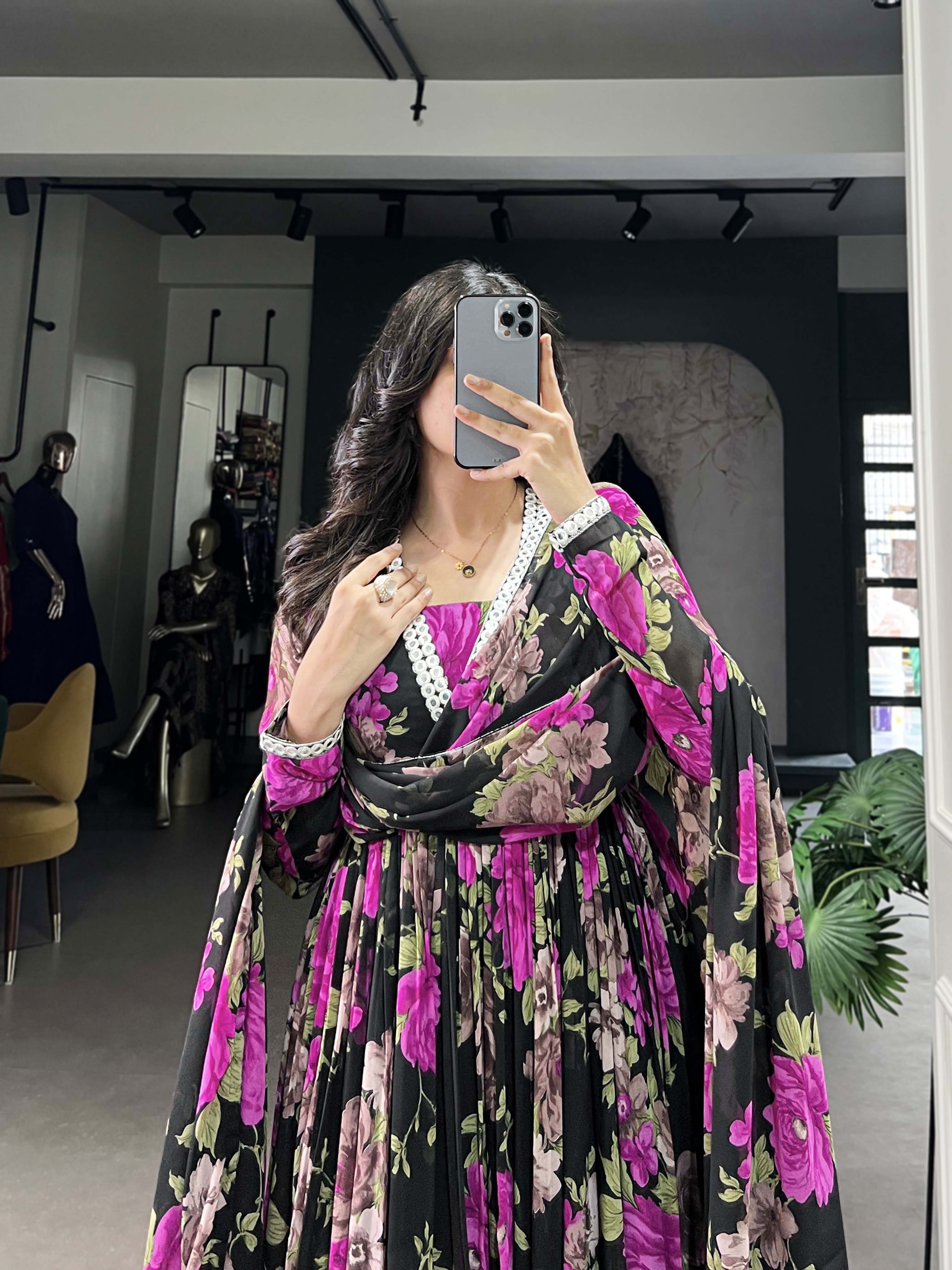 Pink Color Floral Printed And Paper Mirror Lace Georgette Gown