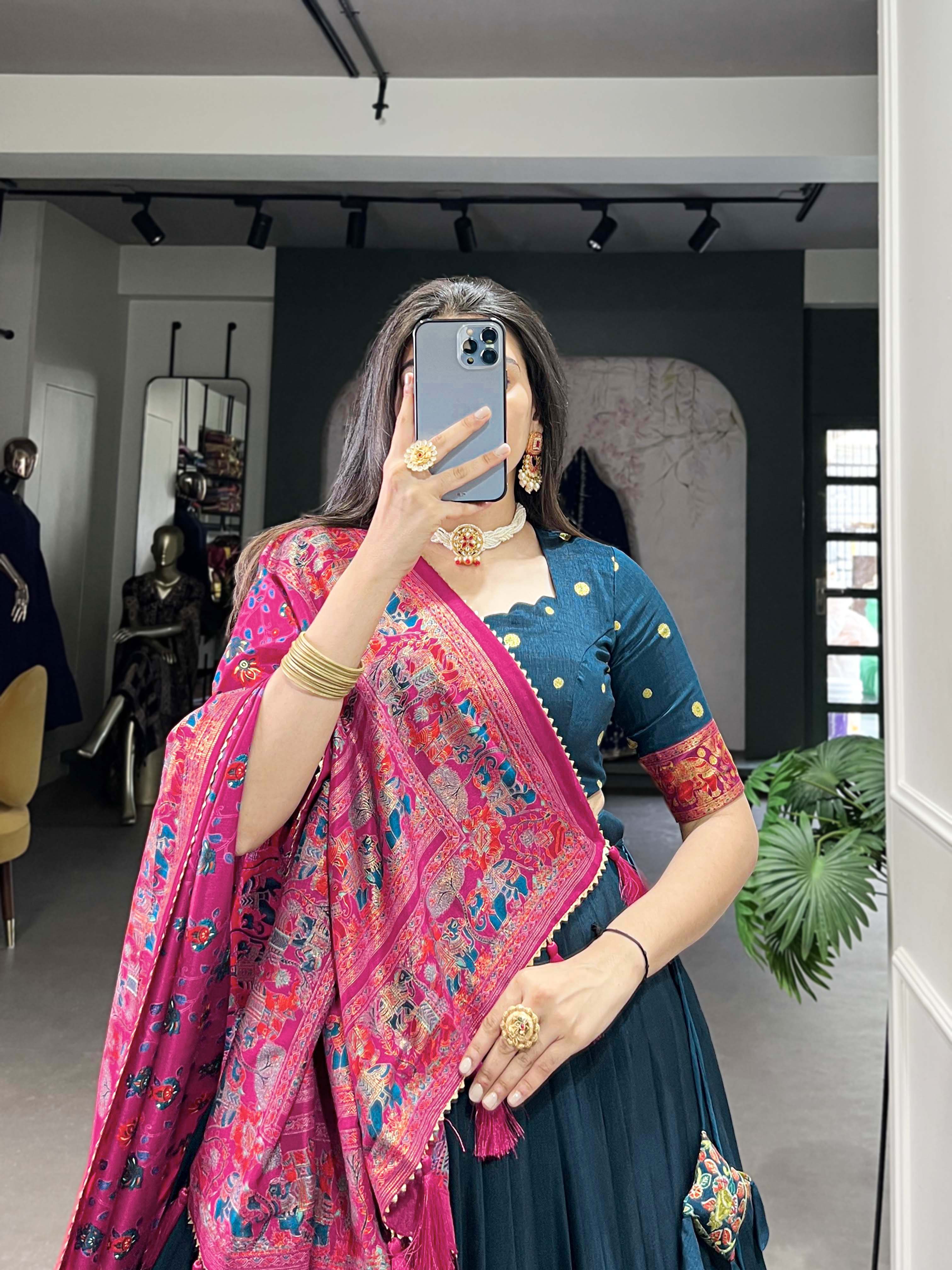 Peacock Blue Color Printed Foil Work Tussar Silk Lehenga Choli