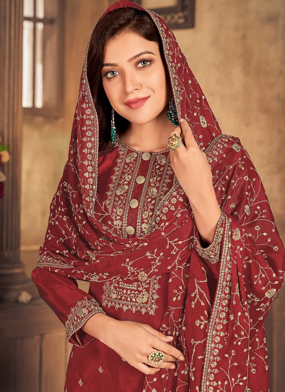 Luxurious Maroon Silk Salwar Kameez with Handcrafted Dori Embroidery