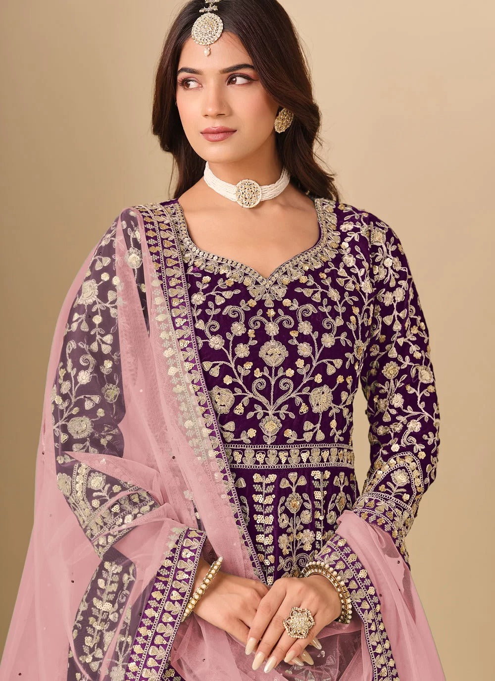 luxury purple velvet anarkali suit with front and back embroidery