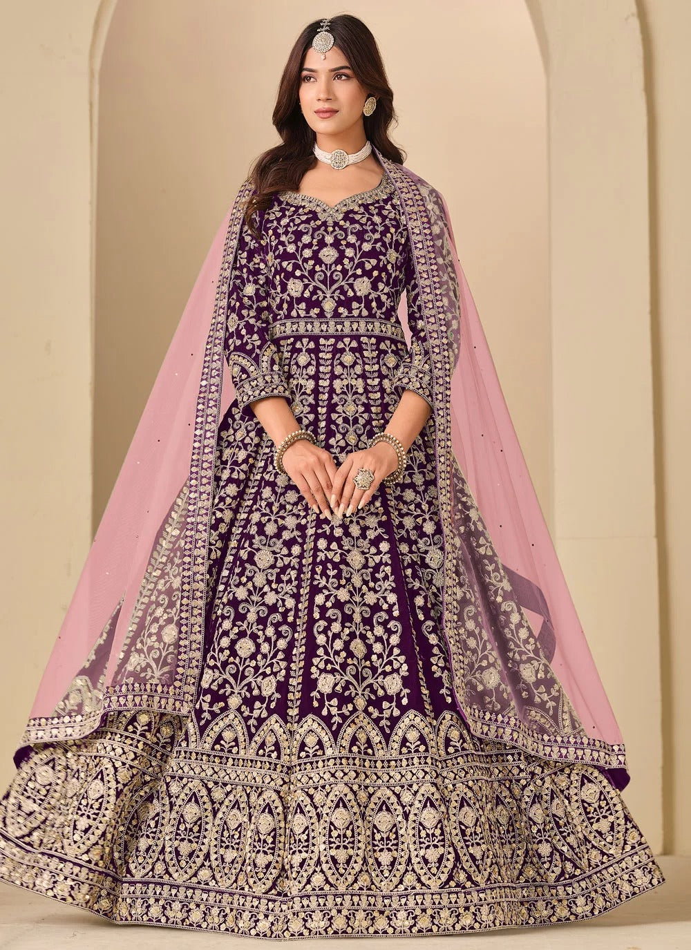 Luxury Purple Anarkali Suit in Velvet | Embroidered Party Wear