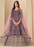 Luxury Purple Anarkali Suit in Velvet | Embroidered Party Wear