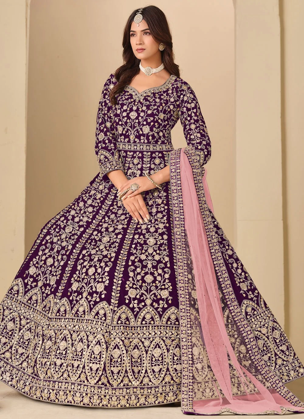luxury purple velvet anarkali suit with front and back embroidery