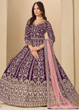 luxury purple velvet anarkali suit with front and back embroidery
