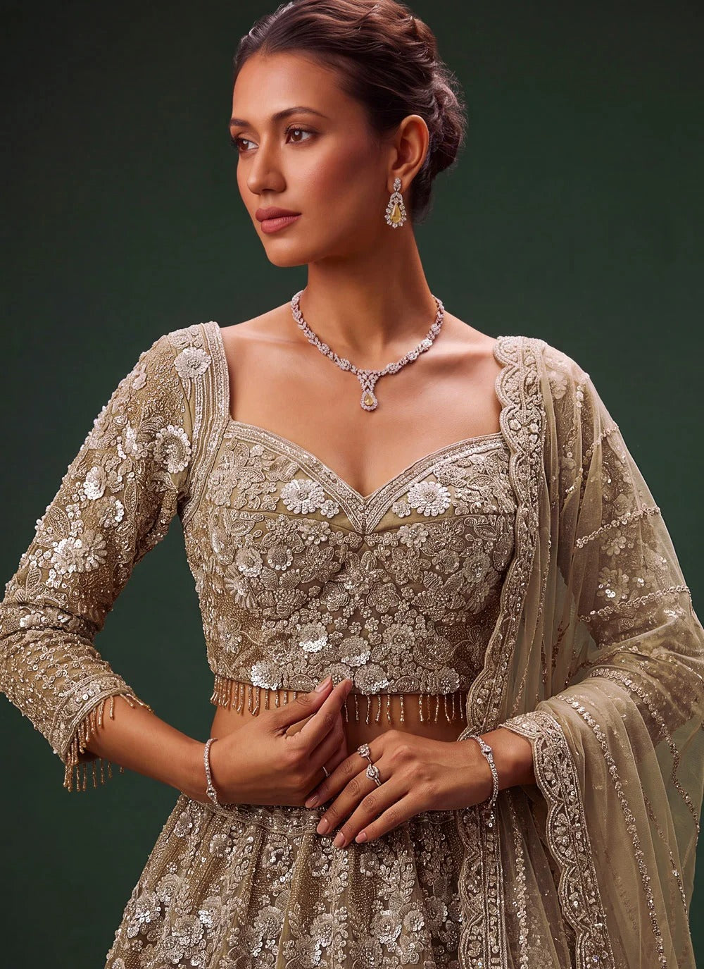 Golden Designer Bridal Lehenga with Net Dupatta
