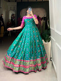 Bottle Green Color Jacquard Silk Patola Print With Zari Weaving Work Gown