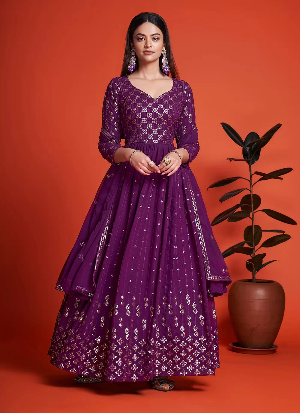 Magenta Georgette Thread And Sequins Gowns For Women